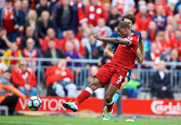 LIVERPOOL, ENGLAND - Sunday, May 21, 2017: Liverpool's Georginio Wijnaldum scores the first goal against Middlesbrough during the FA Premier League match at Anfield. (Pic by David Rawcliffe/Propaganda)