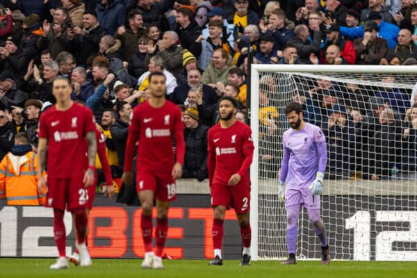 WOLVERHAMPTON, ENGLAND - Saturday, February 4, 2023: Liverpool's goalkeeper Alisson Becker looks dejected as Wolverhampton Wanderers score the second goal during the FA Premier League match between Wolverhampton Wanderers FC and Liverpool FC at Molineux Stadium. (Pic by David Rawcliffe/Propaganda)