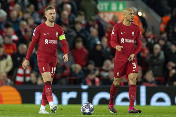 LIVERPOOL, ENGLAND - Tuesday, February 21, 2023: Liverpool's captain Jordan Henderson looks dejected after Real Madrid score the third goal during the UEFA Champions League Round of 16 1st Leg game between Liverpool FC and Real Madrid at Anfield. (Pic by David Rawcliffe/Propaganda)