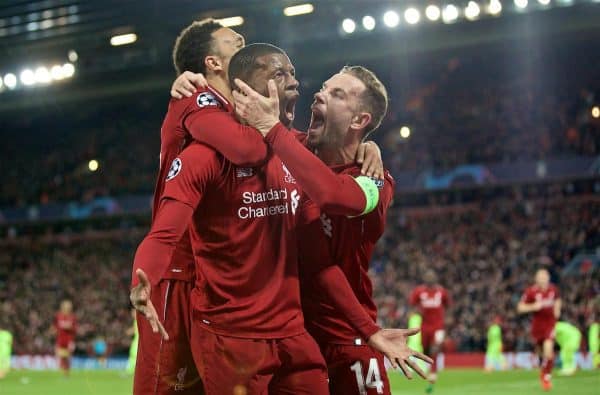 LIVERPOOL, ENGLAND - Tuesday, May 7, 2019: Liverpool's Georginio Wijnaldum celebrates scoring the third goal with team-mates during the UEFA Champions League Semi-Final 2nd Leg match between Liverpool FC and FC Barcelona at Anfield. (Pic by David Rawcliffe/Propaganda)