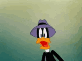 a cartoon duck wearing a purple hat and a black suit is making a funny face .